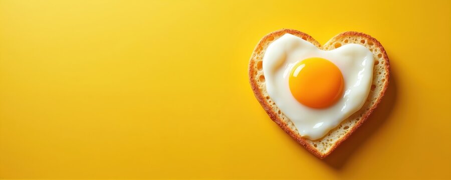 Heart shaped fried egg on toast. Golden yolk bright white albumen forms shape of love. Served on toasted bread slice against vibrant yellow.
