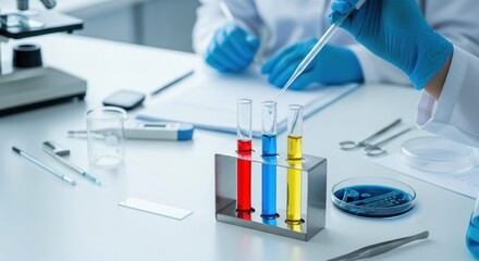 A scientist in a lab coat and gloves is conducting an experiment with test tubes and a pipette.