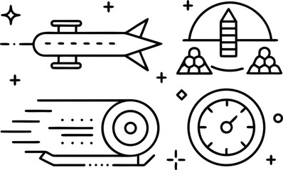 Obraz premium Space rocket launch, time, and progress icons on white background