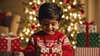 Joyful Child Celebrating Christmas with Gifts and Festive Decorations