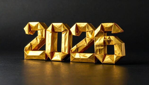 Folded Radiance: Golden Origami “2026” Stands Bold Against a Matte Dark Backdrop, Celebrating Artistic Precision, Futuristic Elegance, and the Geometric Beauty of a New Year in Stylized Dimensional 