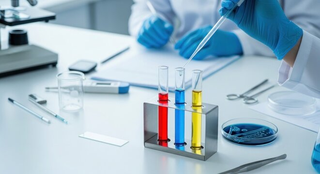 A scientist in a lab coat and gloves is conducting an experiment with test tubes and a pipette. - Powered by Adobe