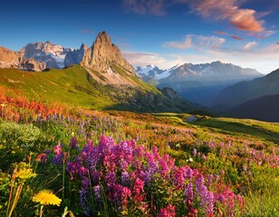 Fototapeta premium vibrant alpine landscape with colorful flowers and majestic mountains