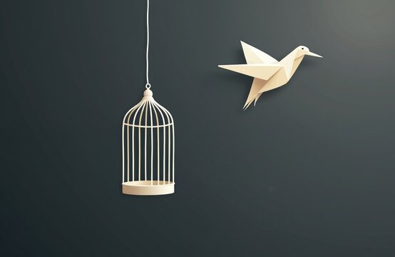 Origami bird flies free from open cage. Abstract paper art conveys liberation, escape. Minimalist concept of breaking free from constraints, moving towards independence. Creative idea of new