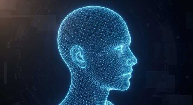 A glowing blue wireframe human head with a black background.