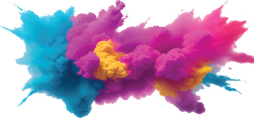 Modern Abstract Multicolor Powder Smoke Explosion with Pink Blue and Yellow Clouds Blending in Air Over Clean White Background Designed for High-Impact Creative Artwork Festival Themes