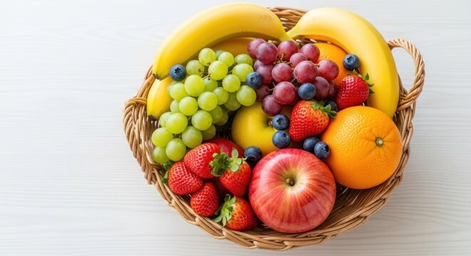 A basket of fresh fruits including bananas, grapes, strawberries, and oranges.