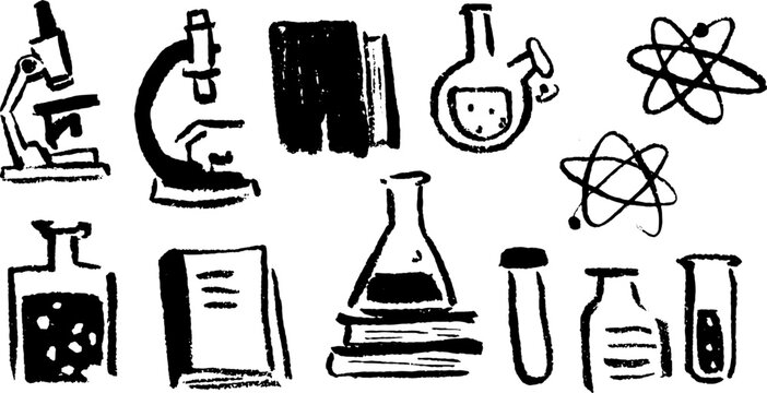 Science tools illustration set including a microscope, flask, and test tubes. Hand-drawn vector graphics for educational purposes.