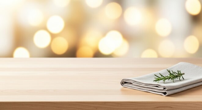 A wooden table with a folded white napkin and a sprig of rosemary on it, set against a blurred background of warm, golden lights.