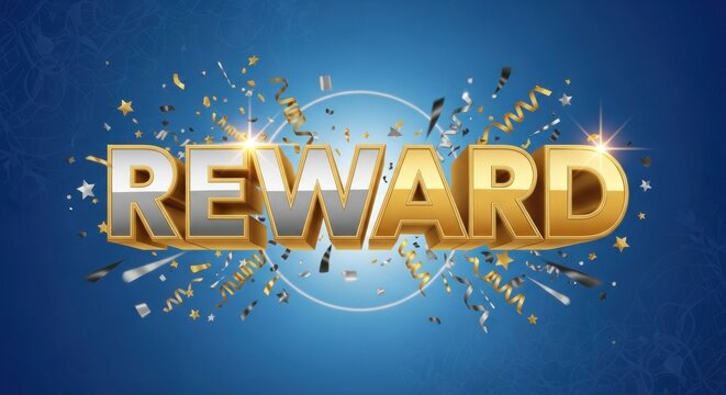 A blue and gold confetti explosion with the word 'REWARD' in the center.