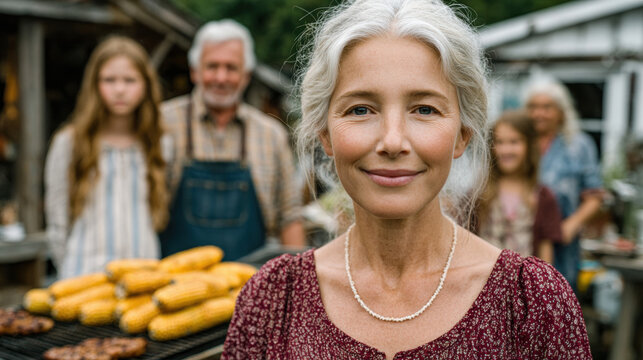 Happy together, A multigenerational family enjoys a backyard gathering, smiling and celebrating together in a joyful atmosphere.