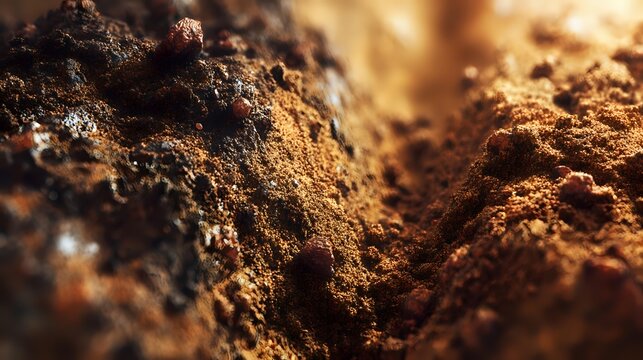 Close-up of rich dark brown soil texture showcasing natural earth patterns and fertile ground ideal for agriculture and environmental themes