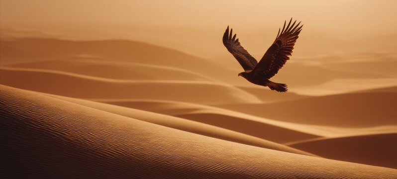Cinematic silhouette of a majestic eagle soaring above desert dunes at sunset, wide wingspan, dramatic golden light and shadows, ultra-realistic details, spacious composition with room for text
