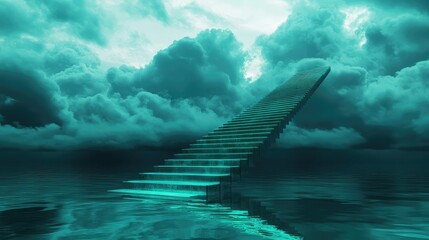 Long stairway ascending through clouds and water reflection