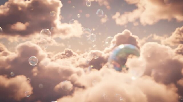 Bubbles floating in a cloudy sky, creating a dreamy and whimsical atmosphere with soft lighting
