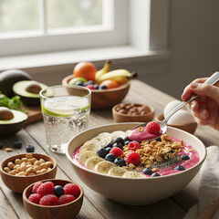 Healthy Breakfast Smoothie Bowl with Fresh Fruits and Granola A vibrant and delicious homemade smoothie bowl topped with fresh berries (raspberries, blueberries), sliced banana, crunchy granola, 