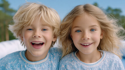 Happy together, Siblings joyfully jumping on a trampoline, capturing a moment of pure fun and playful bonding in a vibrant setting.