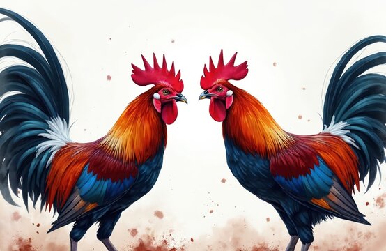 Two vibrant roosters face with bright red combs, colorful plumage. Proud birds stand against neutral background, possibly preparing for contest display. Detailed feathers show mix of red, orange,
