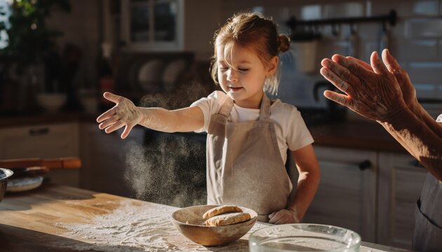 A young girl in an apron claps her flour-dusted hands joyfully while baking in a sunlit kitchen. - Powered by Adobe