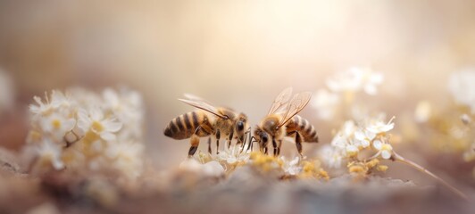 Bees collecting nectar from flowers in a bright natural scene, spacious rule-of-thirds composition with clear room for text on the right, detailed macro wildlife view