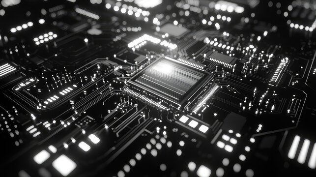 Circuit board with glowing lines symbolizing artificial intelligence and data flow