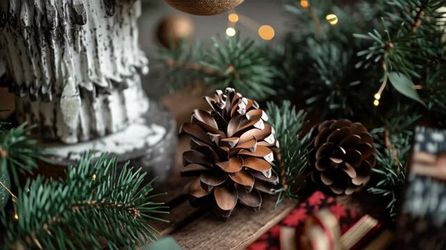 Close-up of pinecones and greenery, festive holiday decorations, wooden surface.