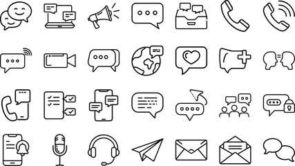 Bundle of Communication, Contact, and Messaging Line Art Icons: Chat Bubbles, Phone Calls, Social Media, Customer Support, and Global Connection Symbols