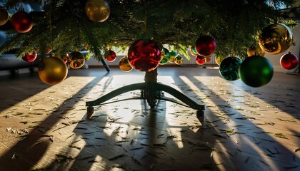 Sunlight streams through a decorated Christmas tree, casting long shadows on the floor below.