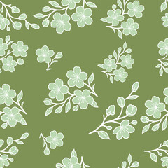 Olive Green Cherry Blossom Seamless Pattern