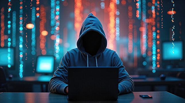 Anonymous person in hoodie using laptop, concept of cyber security and data theft.
