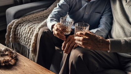 Two elderly men share a drink while sitting on a sofa, enjoying companionship and relaxation.