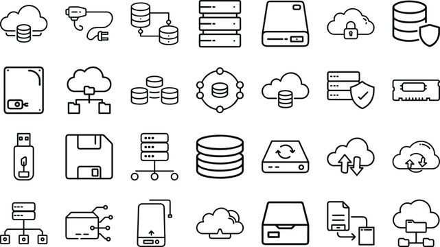 Bundle of Data Storage, Networking, and Cloud Computing Line Art Icons: Server Racks, Hard Drives, Database, Security, and File Transfer Symbols