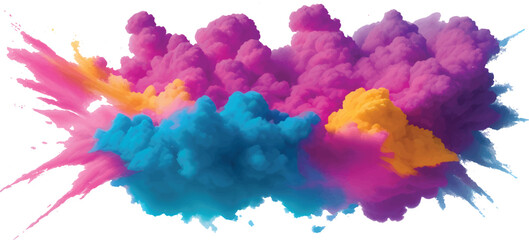 Dramatic Multicolor Powder Blast with High-Energy Pink Blue and Yellow Smoke Clouds Bursting into Air on White Background Perfect for Modern Abstract Design Vibrant Art Themes and Festival Graphics