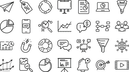 Bundle of Marketing, Data Analysis, and Business Strategy Line Art Icons: Charts, Advertising, Sales Funnel, Communication, and Target Symbols