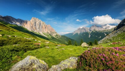 Fototapeta premium lush green landscape with colorful rocks and majestic mountains