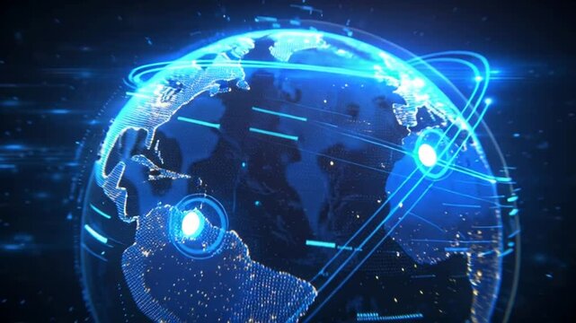 Futuristic holographic Earth globe illuminated with bright blue light, showcasing global data networks and digital communication pathways across continents. - Powered by Adobe