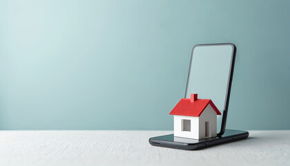 Small house model sits on smartphone screen representing property search and digital real estate transactions. Buying or renting a home is now easier online.