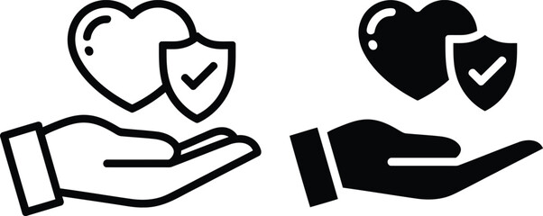 Hand holding a heart protected by a shield with a checkmark icon. Health Insurance and Life Protection Symbol.
