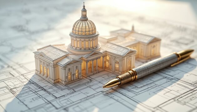 Architectural model of a domed building sits on blueprints. A golden pen rests on the planning paper. This image shows a construction project proposal. Building design is detailed and intricate.