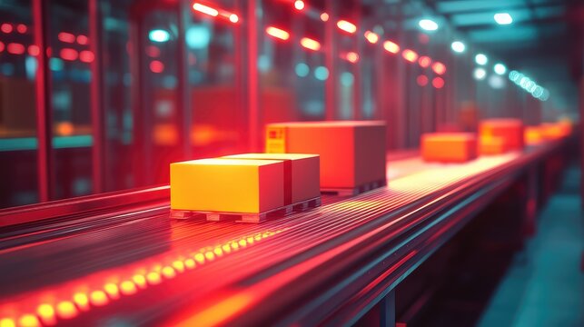 Automated warehouse conveyor belt moving packages under red light