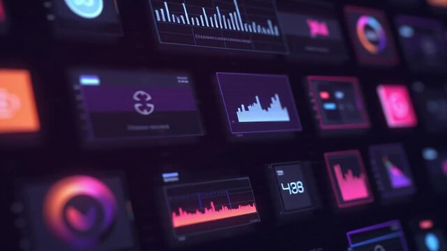 Close-up of a futuristic digital interface displaying various data visualizations and charts. - Powered by Adobe
