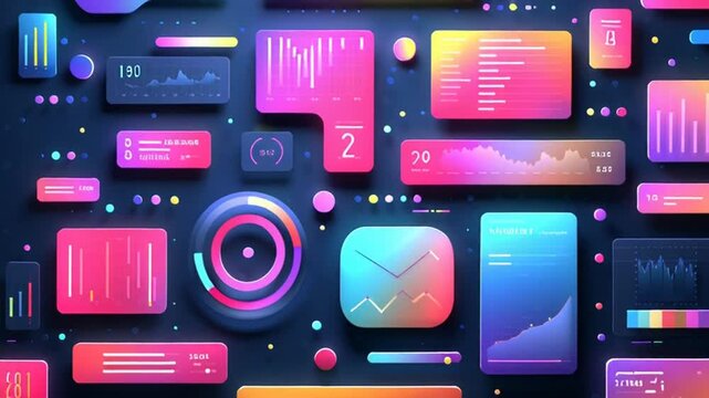 Abstract digital interface design featuring vibrant data visualizations and glowing elements arranged on a dark background. - Powered by Adobe