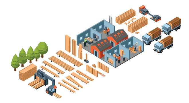 Isometric lumber mill operation illustrating sustainable forestry and wood production with trucks and workers preparing timber for distribution