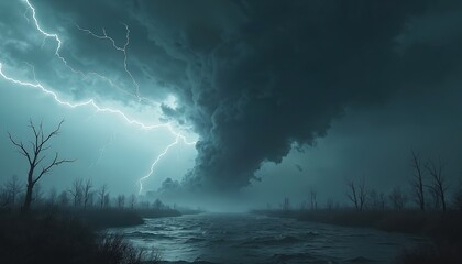 Dark storm clouds loom over a turbulent river with lightning striking the sky. Bare trees dot the desolate landscape under an ominous atmospheric phenomenon.