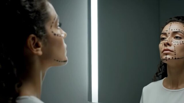 Introspective woman with detailed facial mapping in a modern mirror reflection, contemplating cosmetic enhancements and the pursuit of ideal beauty standards
