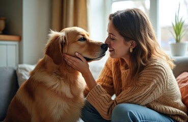 Young woman smiles gently touching nose of golden retriever dog. They sit together on sofa in apartment room. Woman and her pet show affection.