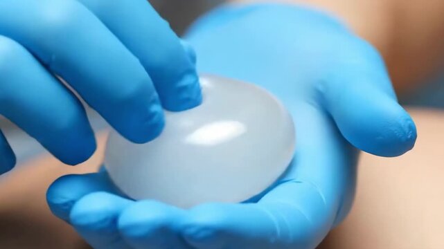 Hands of a plastic surgeon in sterile blue gloves holding a new silicone breast implant before a cosmetic surgery operation