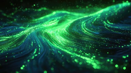 Digital data stream flowing as glowing green particles