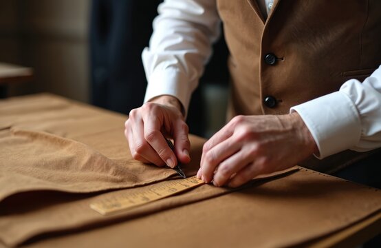 Tailor hands measure, mark brown fabric with ruler. Man designs bespoke apparel in traditional atelier. Craftsman works on creating custom handmade clothing in workshop. Dressmaker creates exclusive