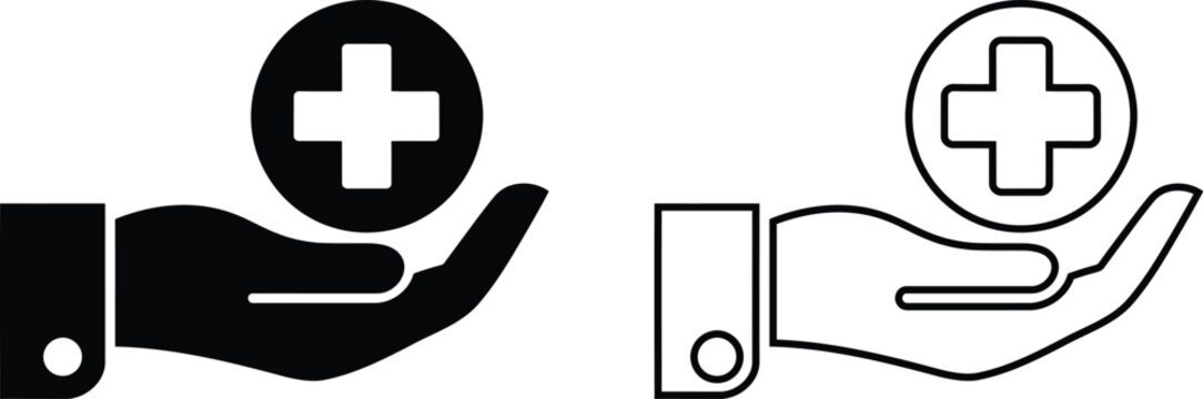Healthcare support glyph icon with hands holding a heart and medical cross symbol. Healthcare, first aid, and medicine icon. - Powered by Adobe